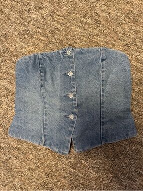 H&M Light Blue Denim Corset Top with Rhinestone Cluster Button
